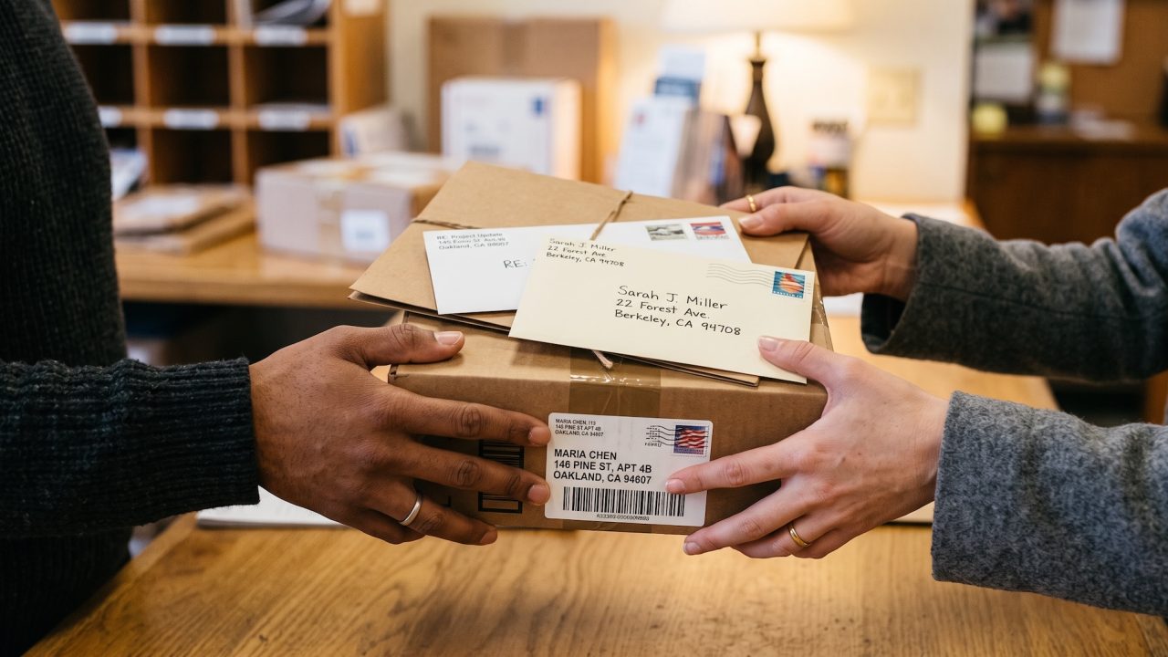 one person passing a package with envelops to another