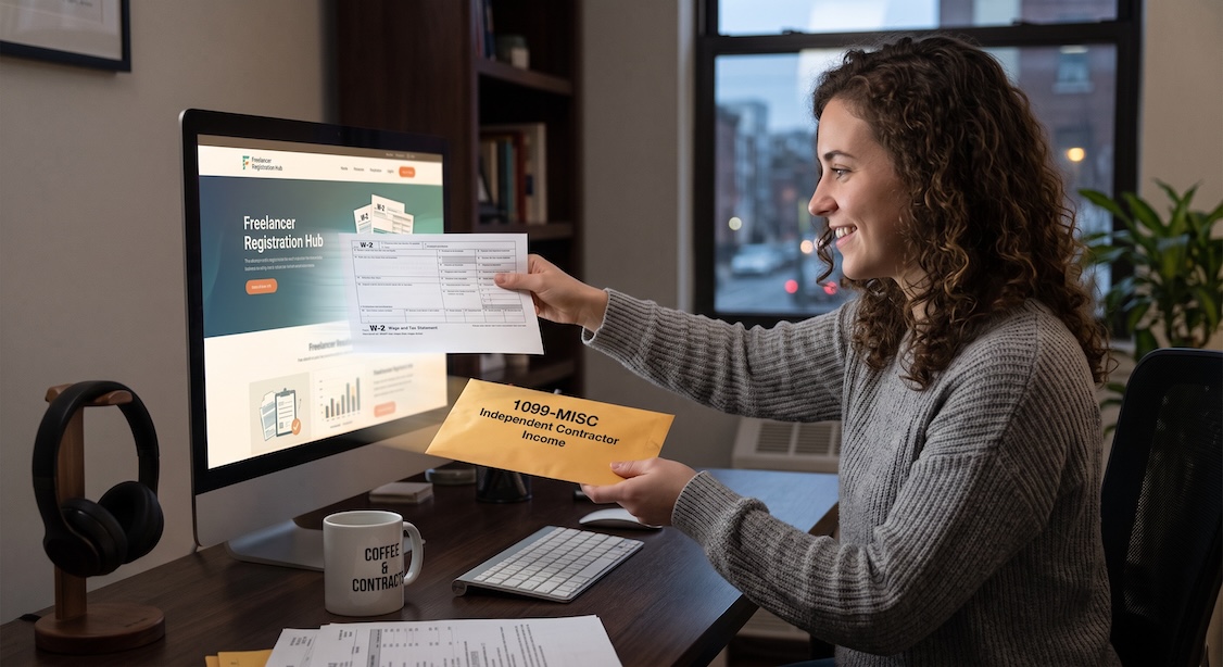 sole proprieter passing their w2 in to their computer while they pull out their 1099