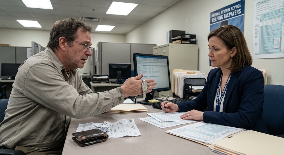 an elderly man offering his watch to an irs agent to pay off his debts