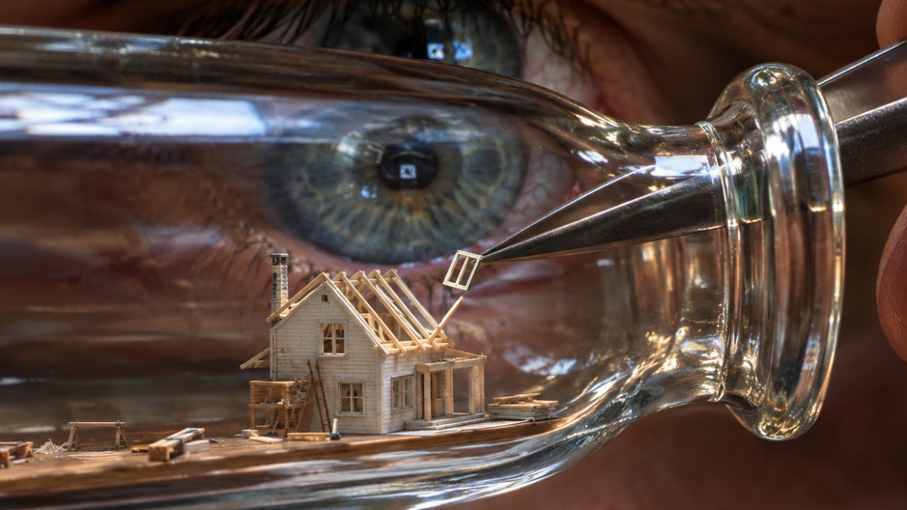 an extreme close-up of a person assembling a house with tweezers