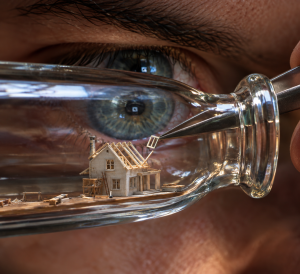an extreme close-up of a person assembling a house with tweezers