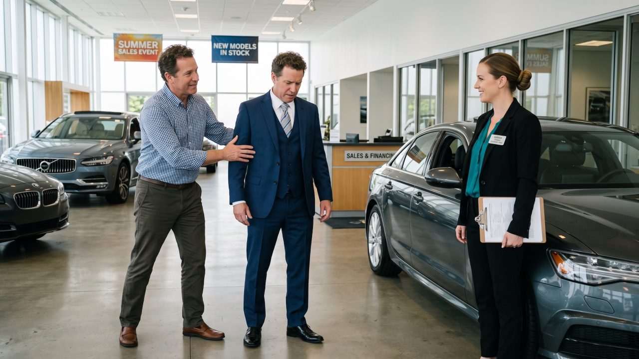 a business owner presenting his business persona to a car dealership in hopes to buy a car