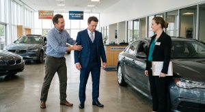 a business owner presenting his business persona to a car dealership in hopes to buy a car
