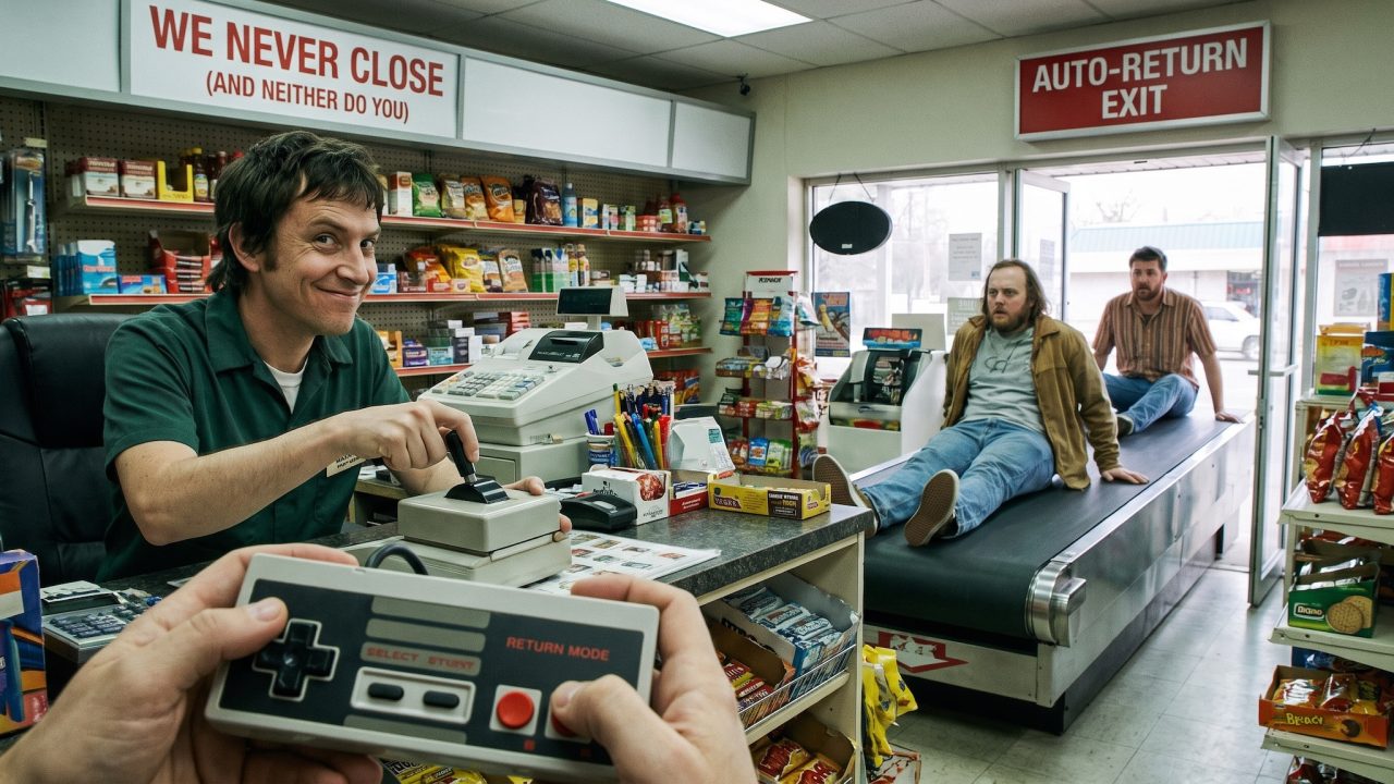 shop owner using a treadmill to pull customers back into his store
