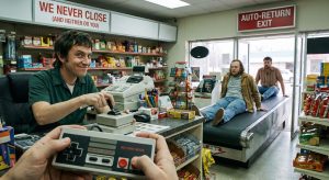 shop owner using a treadmill to pull customers back into his store