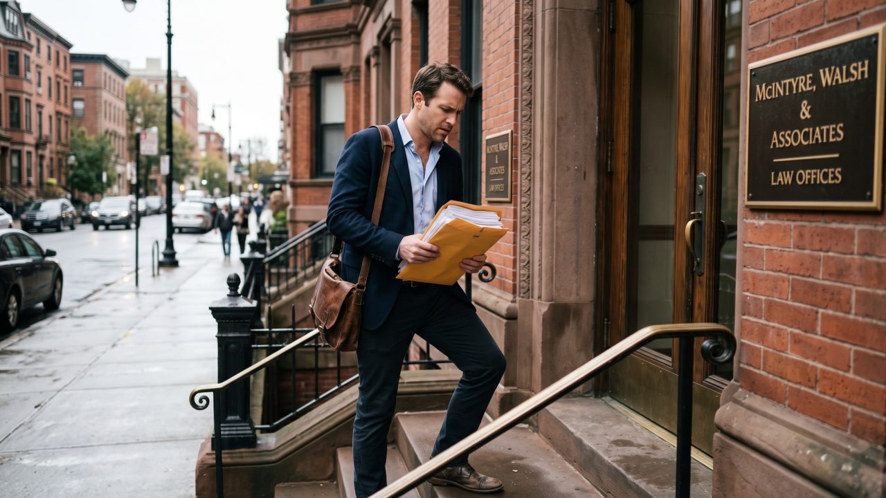 entrepreneur going to a law office with envelop