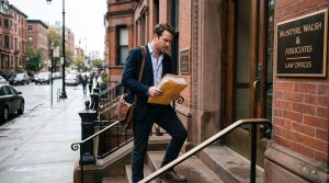 entrepreneur going to a law office with envelop