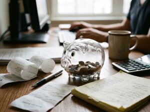 a cluttered desk with a transparent piggy bank, some receipts and loose stationery on the surface