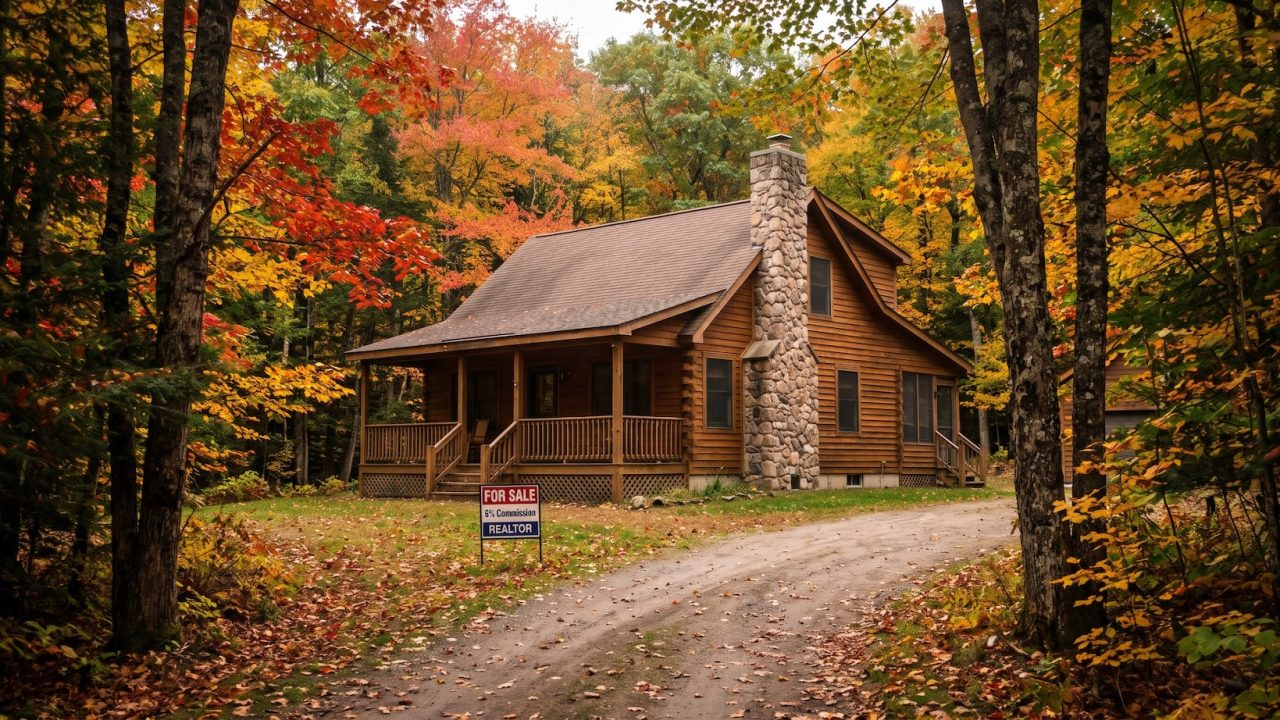an old new york cabin in the middle of a wooded area
