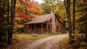 an old new york cabin in the middle of a wooded area