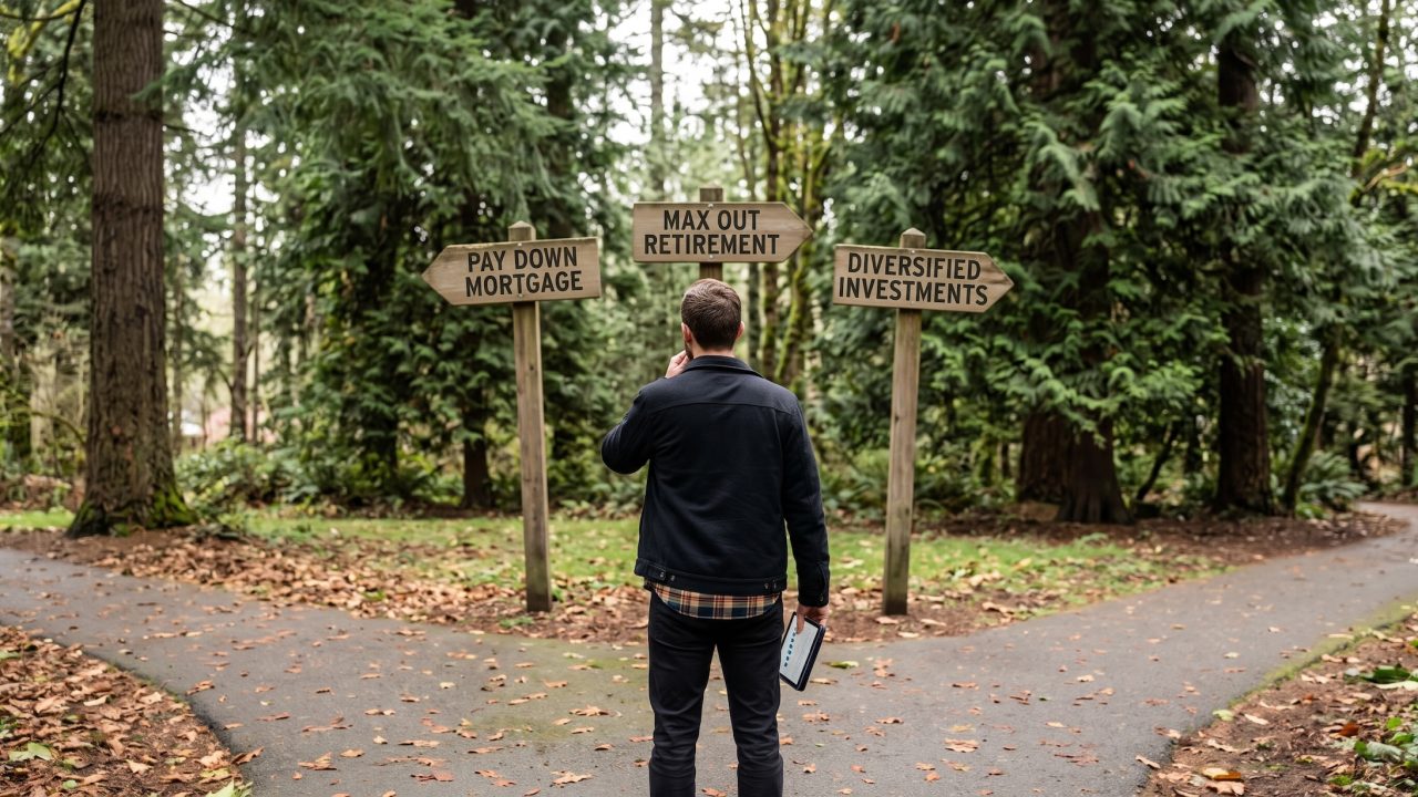 man at a fork in the road with signs that suggest maxing out retirement or paying down mortgage or investing