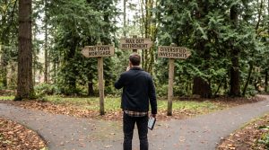 man at a fork in the road with signs that suggest maxing out retirement or paying down mortgage or investing