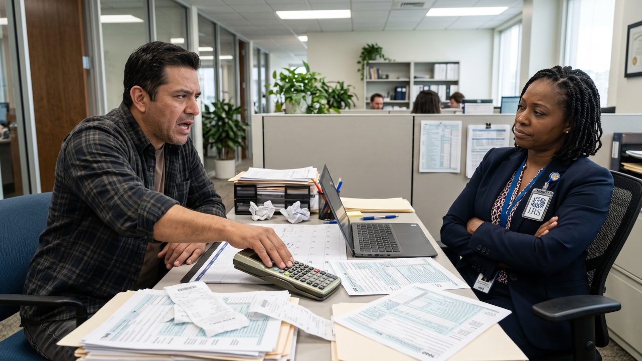 a man arguing with the irs and passing them a calculator